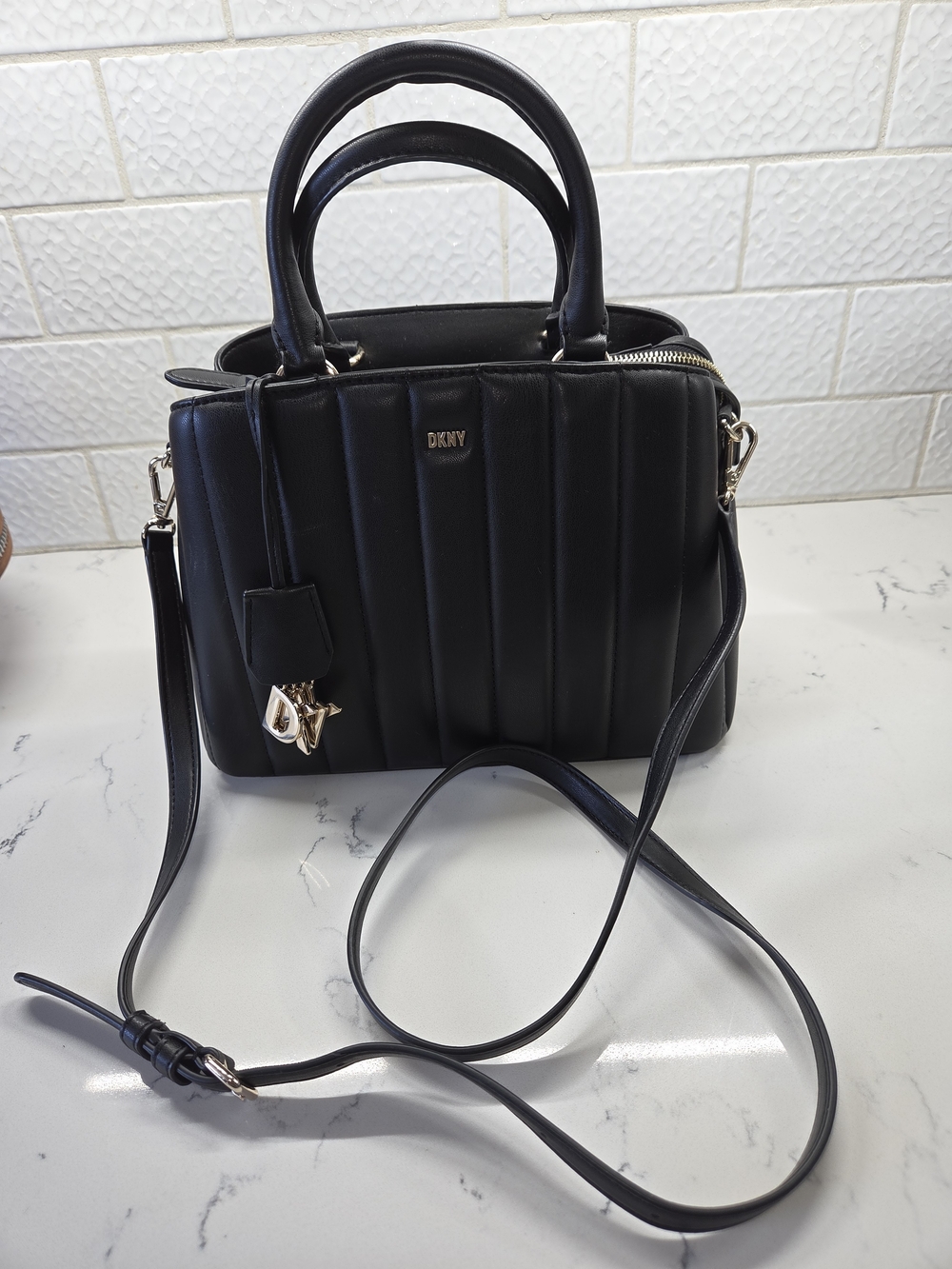 DKNY Paige Quilted Satchel Crossbody Bag - Black & Gold (Great Condition)